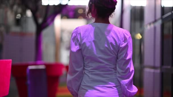 Woman White Dress Posing Cannes Purple Lights France — Stock Video