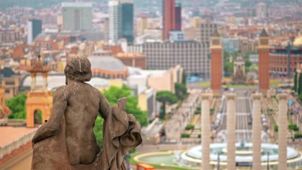 Estatua Del Palacio Nacional Con Vista Barcelona Fondo España Clima — Vídeo de stock