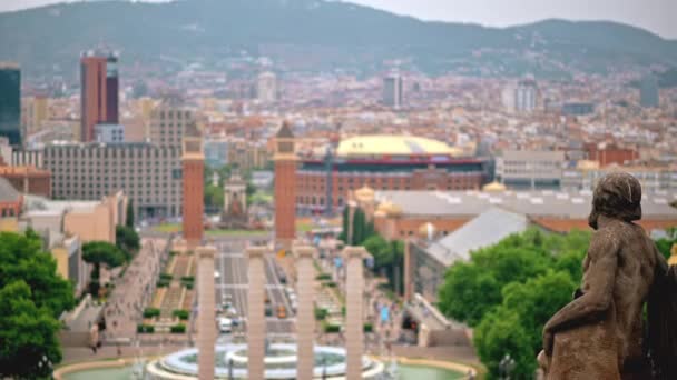 Estatua Del Palacio Nacional Con Vista Barcelona Fondo España Clima — Vídeo de stock