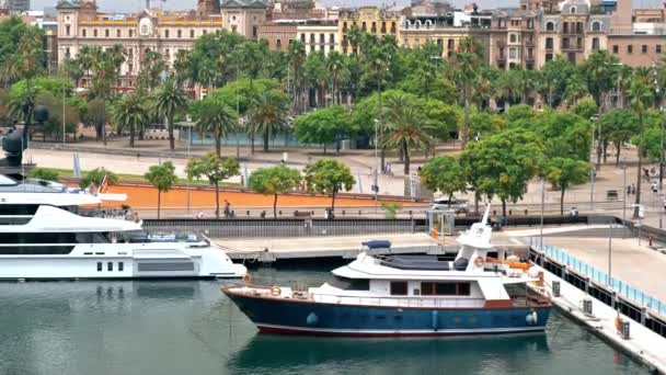 Barcelona Hiszpania Czerwca 2021 Port Morski Jachty Zacumowane Nabrzeże Ludźmi — Wideo stockowe