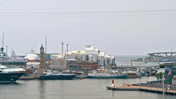 Barcelona Spanje Juni 2021 Zeehaven Meerdere Afgemeerde Jachten Bewolkt Weer — Stockvideo