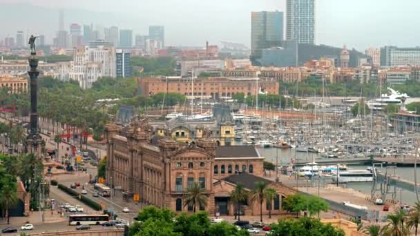 Barcelona Ισπανια Ιουνιου 2021 Θαλάσσιο Λιμάνι Συννεφιασμένο Καιρό Μνημείο Κολόμβου — Αρχείο Βίντεο