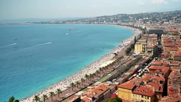 Widok Cote Azur Nicei Francja Wielokrotny Odpoczynek Plaży Ludzie Budynki — Wideo stockowe