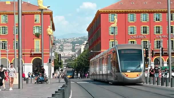 Nice France August 2021 Central Square Multiple People Moving Tram — Stock Video