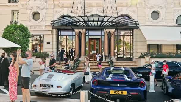 Monaco August 2021 Hotel Paris Entrance Expensive Cars Parked Front — Stock Video