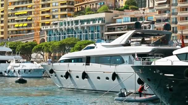 Monaco August 2021 Cityscape Sea Port Moored Yachts Multiple Buildings — Stock Video