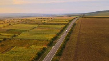 Gün batımında Moldova 'da doğanın insansız hava aracı görüntüsü. Geniş tarlalar, hareketli arabalar, ağaçlar.