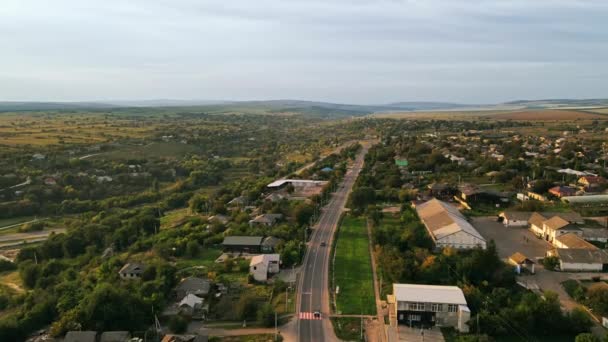 Letecký Pohled Vesnici Moldavsku Obytné Budovy Zeleň Silnice Jedoucími Automobily — Stock video