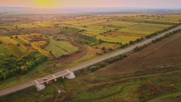 Повітряний Безпілотний Вид Природу Молдові Заході Сонця Широкі Поля Дорога — стокове відео