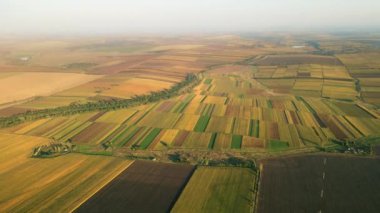 Gün batımında Moldova 'da doğanın insansız hava aracı görüntüsü. Geniş alanlar, tepeler ve yollar
