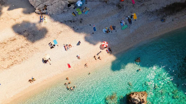 Letecký Pohled Pobřeží Jónského Moře Zakynthosu Řecku Pláž Klidovými Lidmi — Stock fotografie