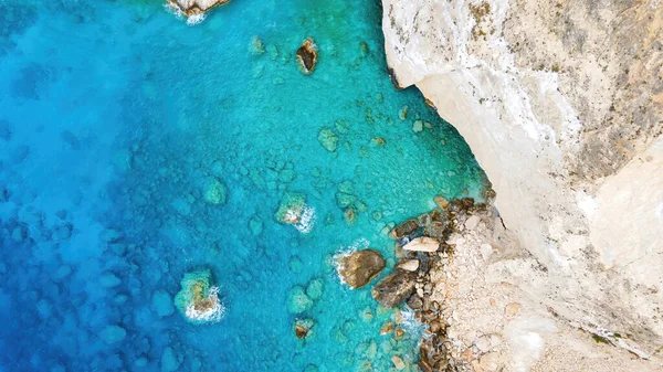 Flygdrönare Utsikt Över Joniska Havskusten Zakynthos Grekland Klippig Klippa Blått — Stockfoto