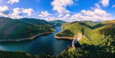 Romanya 'daki hava aracı doğaya panoramik açıdan bakıyor. Karpat Dağları, yemyeşil ormanlı tepeler, göllü vadi, Oasa Barajı