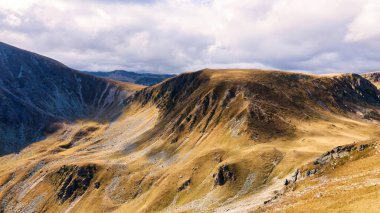 Romanya 'da doğanın insansız hava aracı görüntüsü. Karpat Dağları, seyrek bitki örtüsü