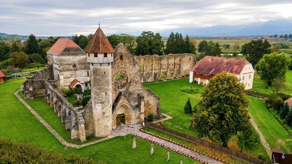 Vista Aérea Del Monasterio Carta Rumania Buidlings Medievales Vegetación — Foto de Stock