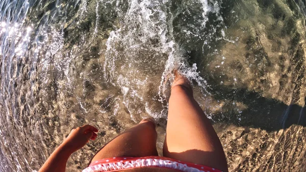 Woman Orange Swimsuit Walking Water Mediterranean Sea Point View Shot — Stock Photo, Image