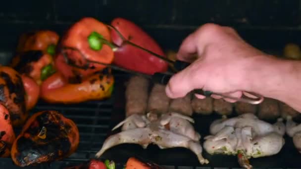 Bbq Rundvlees Kwartel Vlees Grill Met Groenten — Stockvideo