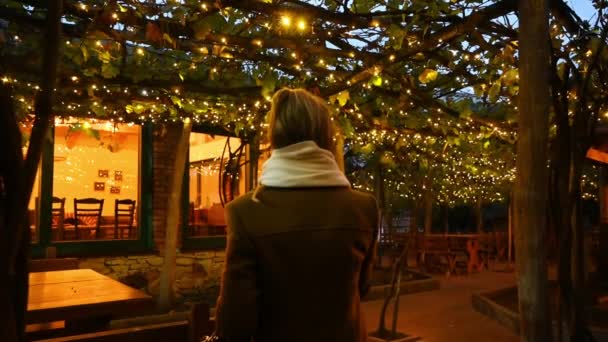 一个晚上装饰着圣诞装饰品的女人在阳台上 — 图库视频影像