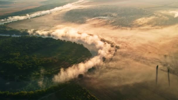 Vue Aérienne Par Drone Nature Moldavie Coucher Soleil Rivière Brouillard — Video