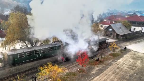 在罗马尼亚Viseu Sus火车站看到的Mocanita蒸汽机车的空中无人驾驶图像 — 图库视频影像