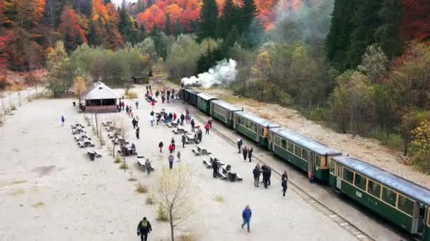 Viseu Sus Romania 2021年10月29日 蒸気機関車モカニタと鉄道駅周辺の観光客の空中ドローンビュー — ストック動画