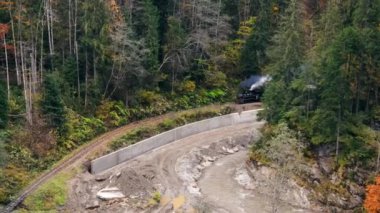 Nehir boyunca uzanan bir vadideki Mocanita buharlı treninin hava aracı görüntüsü, Romanya 'nın yeşil ormanlarıyla kaplı tepeler