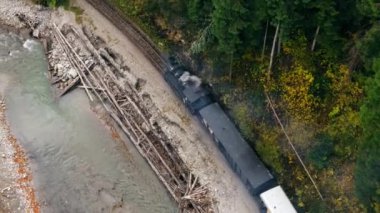 Nehir boyunca uzanan bir vadideki Mocanita buharlı treninin hava aracı görüntüsü, Romanya 'nın sararan ormanlarıyla kaplı tepeler.