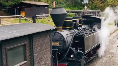 VISEU DE SUS, ROMANIA - 29 Ekim 2021: Bir tren istasyonundaki Mocanita buharlı treninin havadan görüntüsü, yolcular, yemyeşil orman