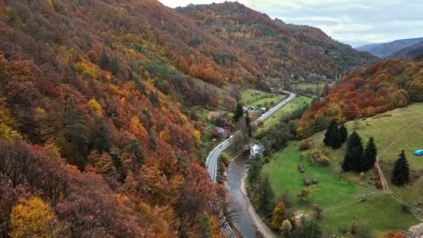 Antenowy Widok Przyrodę Rumunii Karpackie Góry Droga Przebiegająca Dolinie Wzdłuż — Wideo stockowe