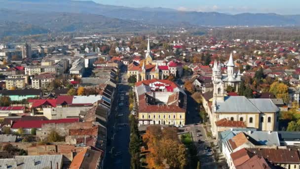 Vista Aérea Del Dron Sighetu Marmatiei Rumania Centro Ciudad Edificios — Vídeos de Stock