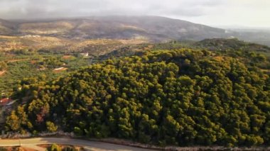 Yunanistan 'ın Zakynthos kentinin hava aracı görüntüsü. Bir sürü yeşillik, alçak tepeler, gün batımı, birkaç bina.