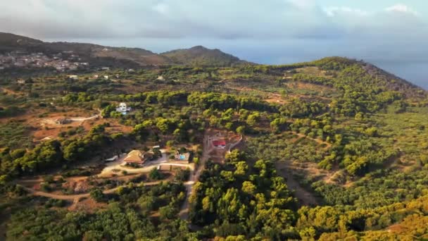 Вид Воздуха Природу Закинфа Греция Много Зелени Низкие Холмы Закат — стоковое видео
