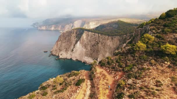 Aerial Drone View Ionian Sea Coast Zakynthos Greece Tourist Walking — Stock Video