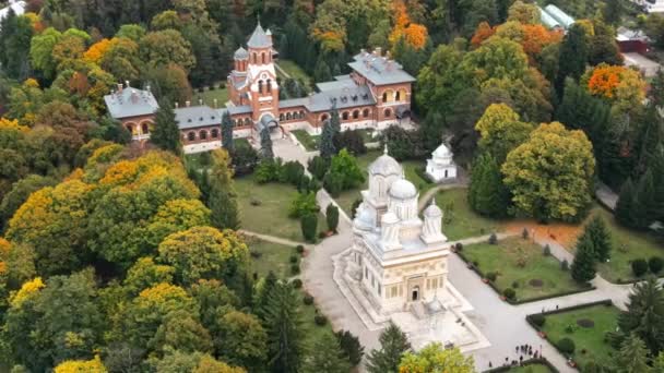 Aerial Drone View Cathedral Curtea Arges Romania Episcopal Church Square — Stock Video