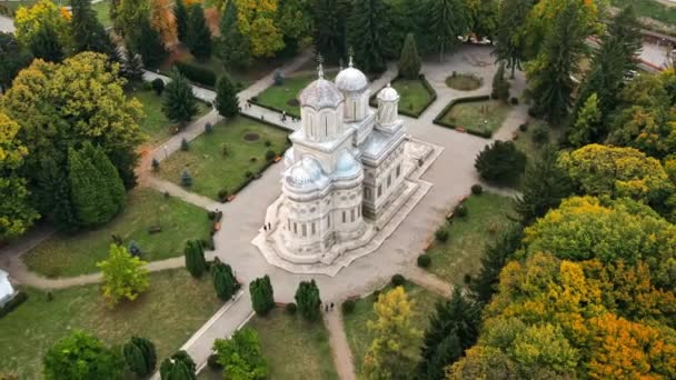 Vue Aérienne Par Drone Cathédrale Curtea Arges Roumanie Place Avec — Video