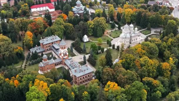 Vista Aérea Del Dron Catedral Curtea Arges Rumania Iglesia Episcopal — Vídeos de Stock