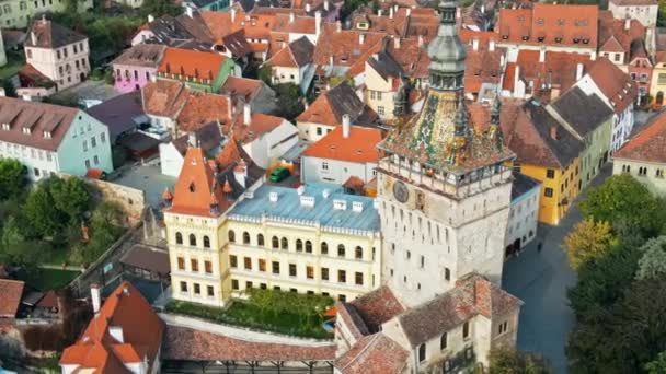 Vista Aérea Drones Centro Histórico Sighisoara Roménia Edifícios Antigos Ruas — Vídeo de Stock