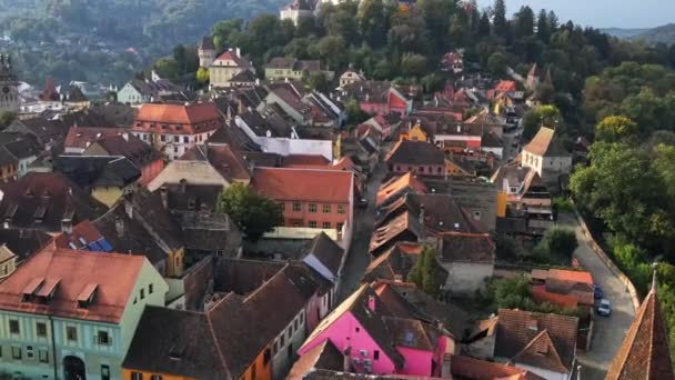 Aerial Drone View Historic Centre Sighisoara Romania Old Buildings Narrow — Stock Video