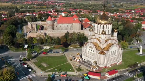 Vista Aérea Drones Das Fagaras Roménia Igreja São João Batista — Vídeo de Stock