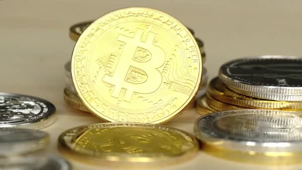 Close Crypto Coins Golden Bitcoin — Stock Video