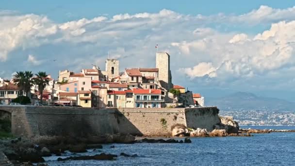 Costa Mediterranea Antibes Francia Antiche Mura Edifici Sulla Costa — Video Stock