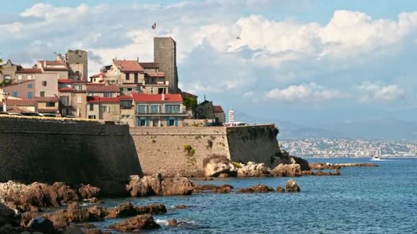 Mediterranean Sea Coast Antibes France Ancient Walls Rocks Buildings Coast — 图库视频影像