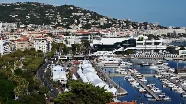 Utsikt Över Hamnen Cannes Frankrike Förtöjda Båtar Byggnader Grönska Medelhavet — Stockvideo