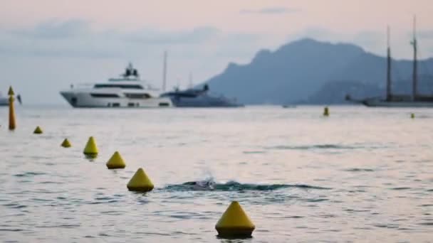 Cannes France Ağustos 2021 Yüzücüyle Akdeniz Kıyısı Günbatımında Yatlar — Stok video