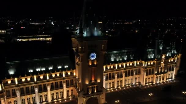 Vista Aérea Drone Palácio Cultural Iluminado Noite Iasi Roménia — Vídeo de Stock