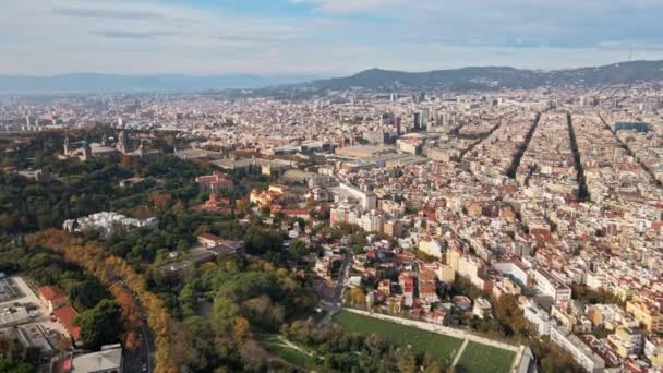 Légi Drón Kilátás Barcelona Város Nappal Montjuic Kerület Spanyolország — Stock videók