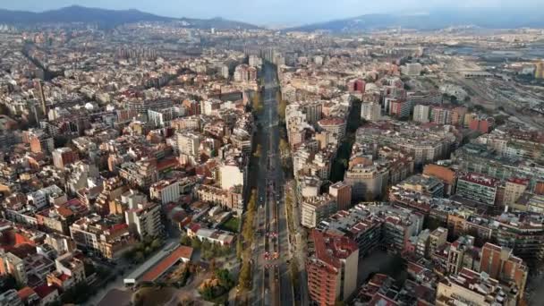 Luchtdrone Zicht Barcelona Spanje Blokken Met Meerdere Woongebouwen Wegen Met — Stockvideo