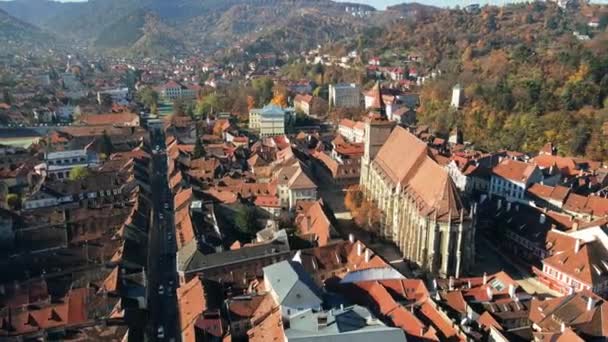 Widok Lotu Ptaka Czarny Kościół Brasov Rumunia Stare Centrum Miasta — Wideo stockowe