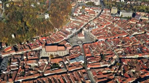 Widok Lotu Ptaka Plac Rady Brasov Rumunia Stare Centrum Miasta — Wideo stockowe