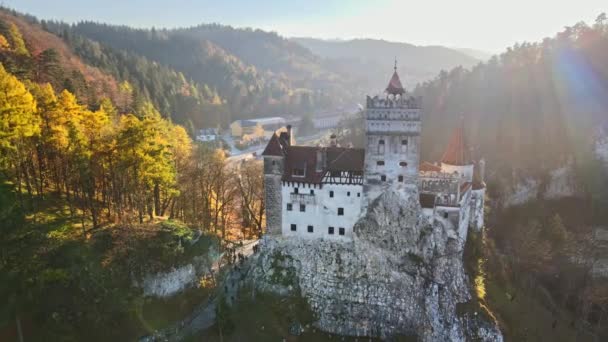Widok Lotu Ptaka Zamek Bran Rumunii Średniowieczny Zamek Karpatach Żółte — Wideo stockowe